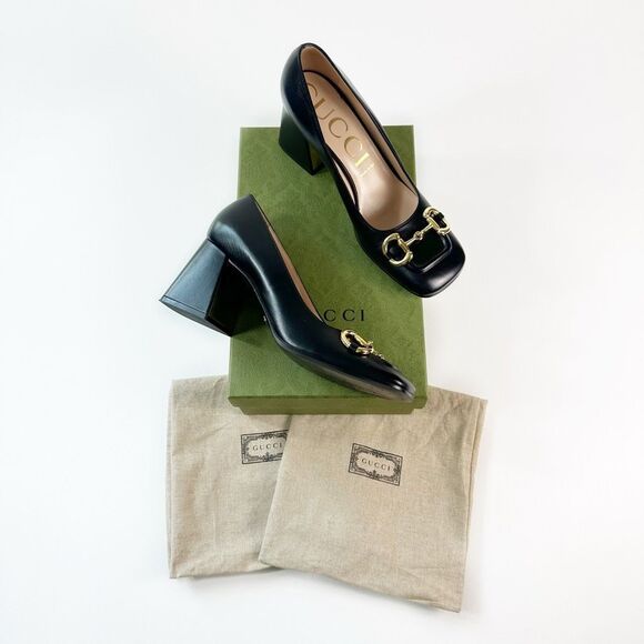 GUCCI Black Baby Bit Horsebit Square Toe Pump Size 40 US 10 Leather Block Heel - Picture 14 of 14